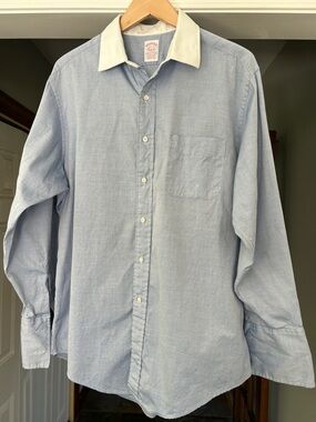 Men’s Brooks Brothers Cotton Button French Cuff Shirt Blue White Collar Sz 16.5